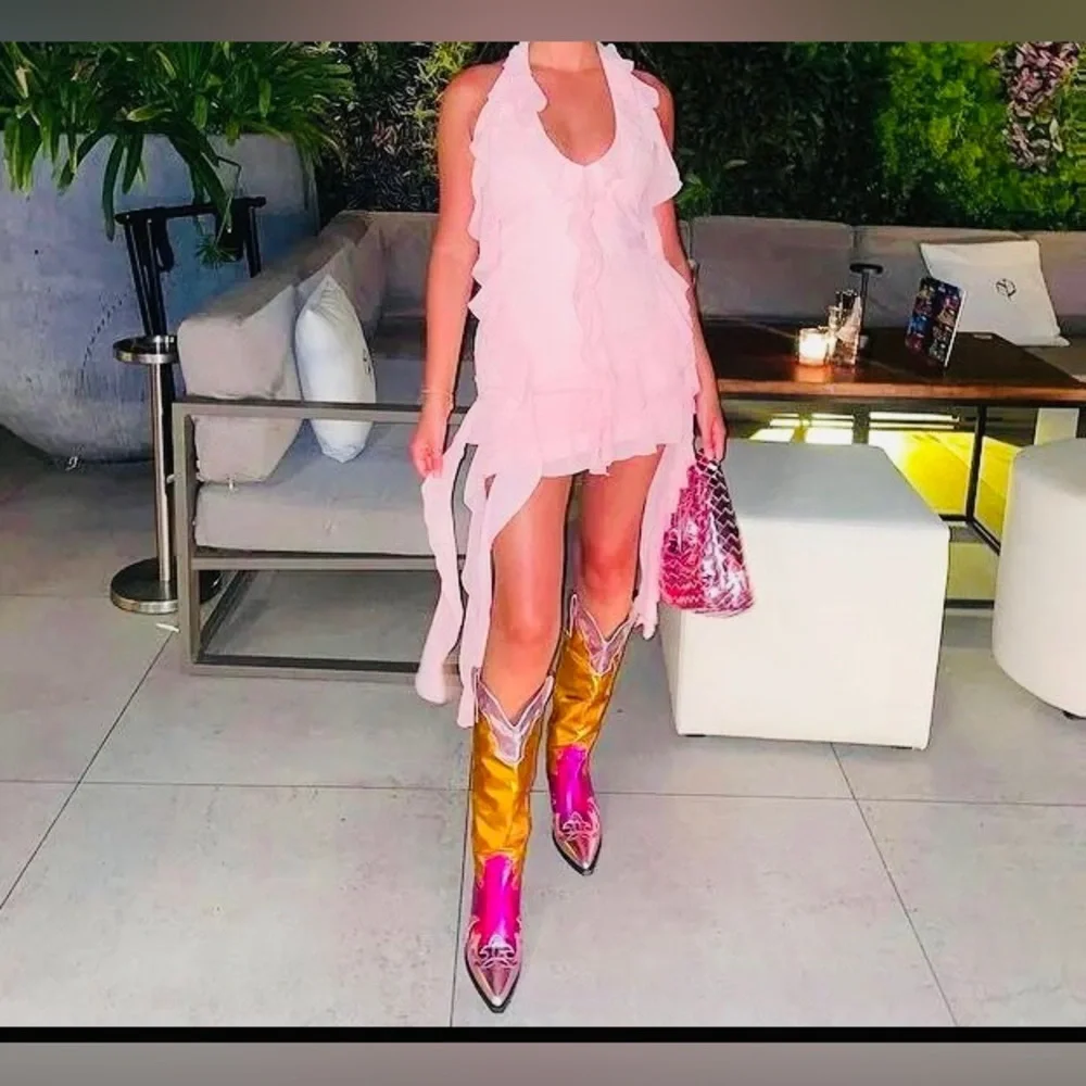 Multi Colored Metallic Chunky Block Heel Cowgirl Boots - Picture 4 of 9